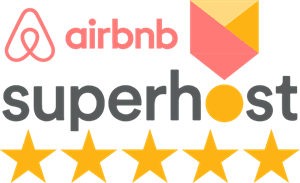 Airbnb Superhost logo with a five-star rating displayed below the text.